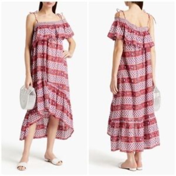 Antik Batik block print ruffle Bohemian One-Shoulder high low Dress - Picture 2 of 8